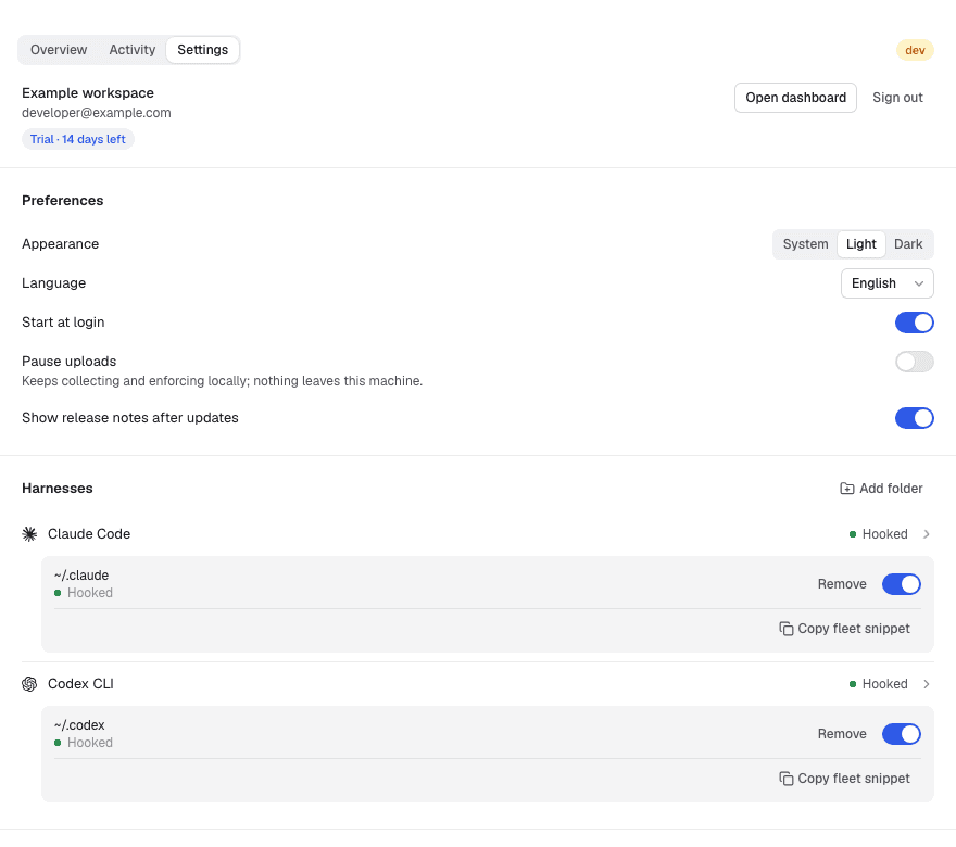 Passcard Settings with anonymous workspace and enabled Claude Code and Codex home folders